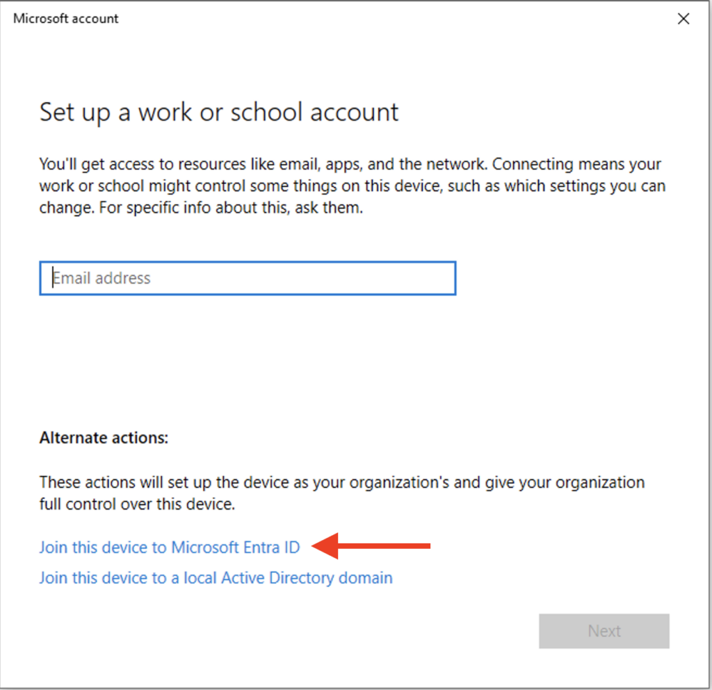 Dialog box with a link to join Microsoft Entra ID